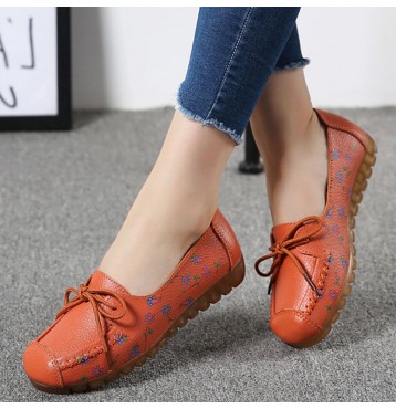 Women Bowknot Flowers Printing Comfy Non Slip Soft Sole Casual Leather Loafers